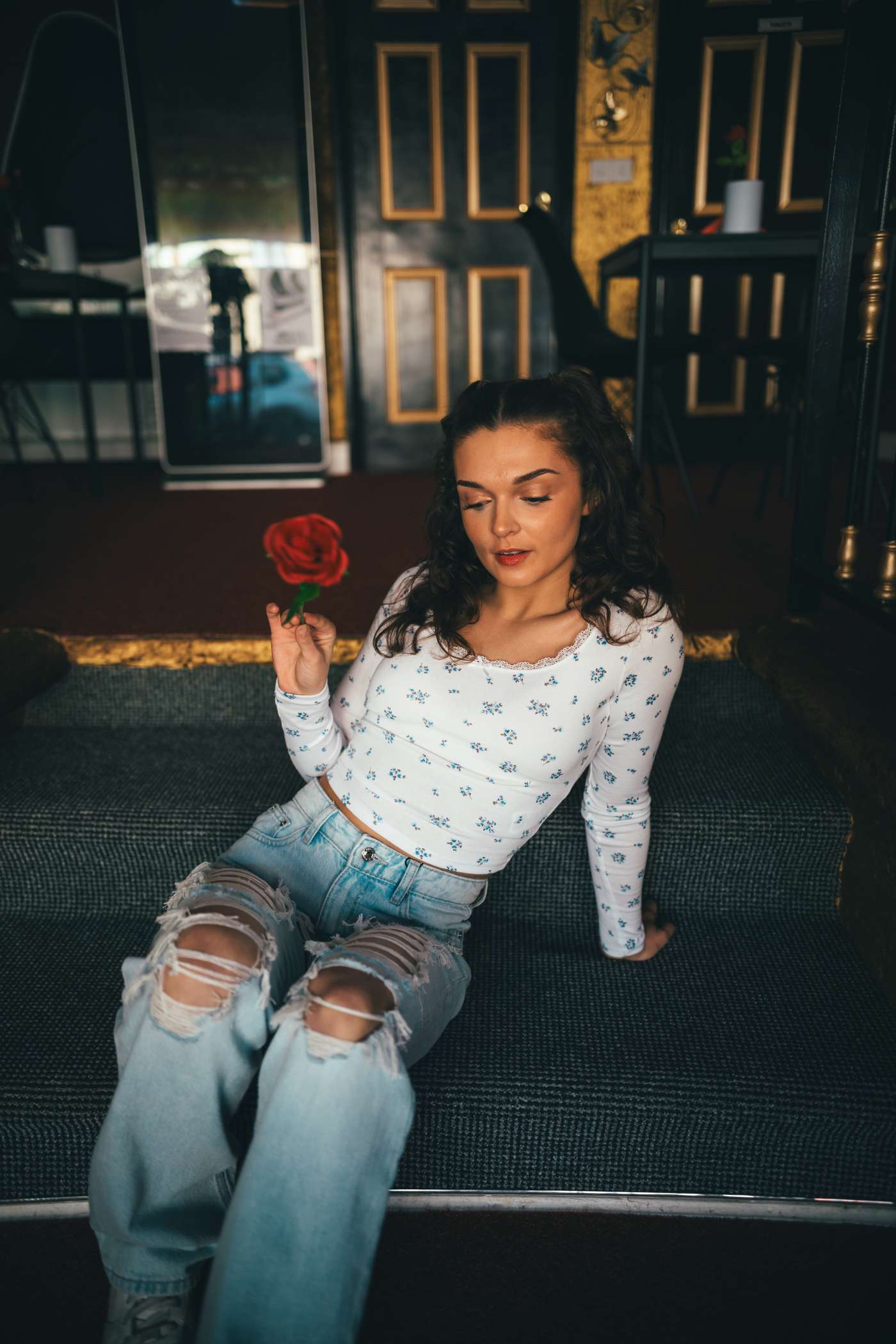 Laura in the High Waist Straight Leg Destroyed Jeans