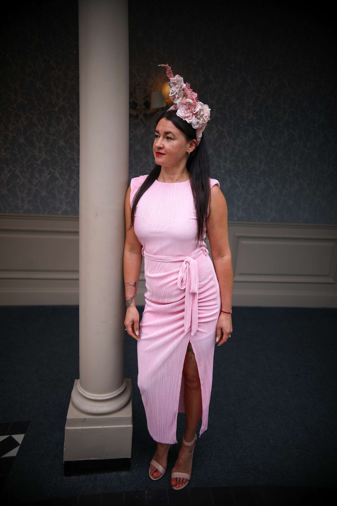 Elena Ruched Seamed Baby Pink Midi Dress