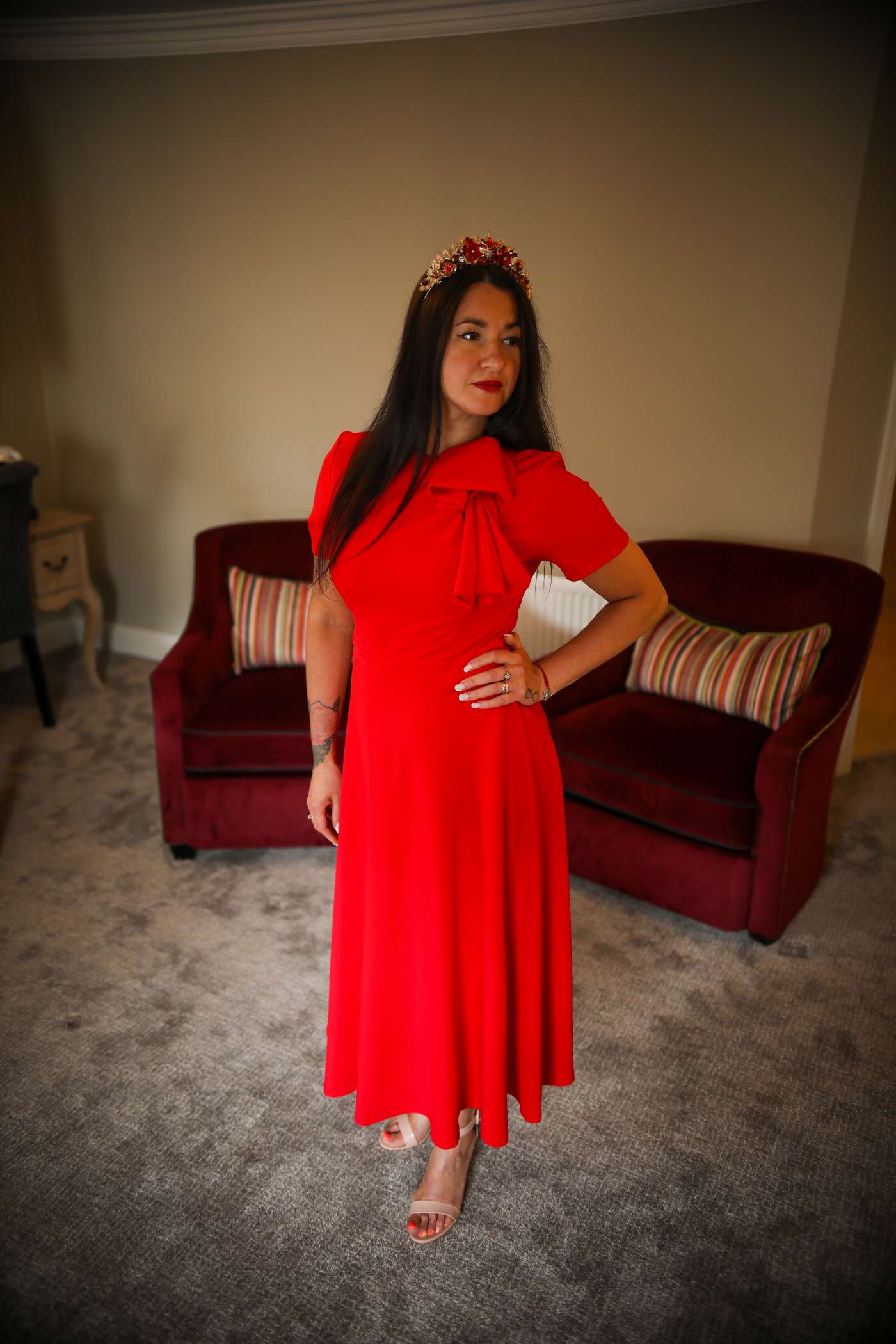 Minta Bow Detail Short Sleeve Red Midi Dress