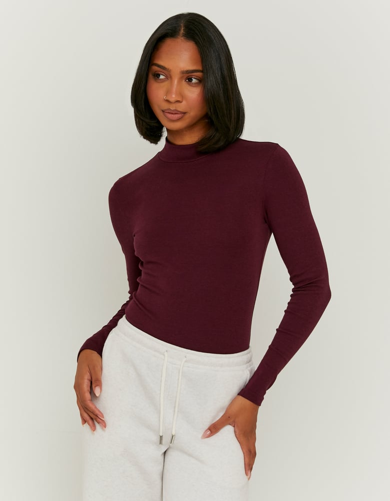 Ladies Burgundy Basic Bodysuit With High Neck-Model Front View