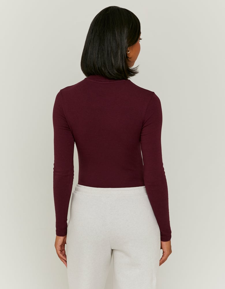 Ladies Burgundy Basic Bodysuit With High Neck-Back View