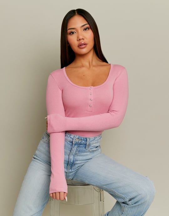 Tally Weijl Pink Buttoned Long Sleeve Bodysuit Pink front view