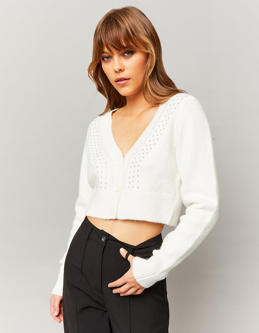 Ladies White Cropped Cardigan With Rhinestone-Model Front View
