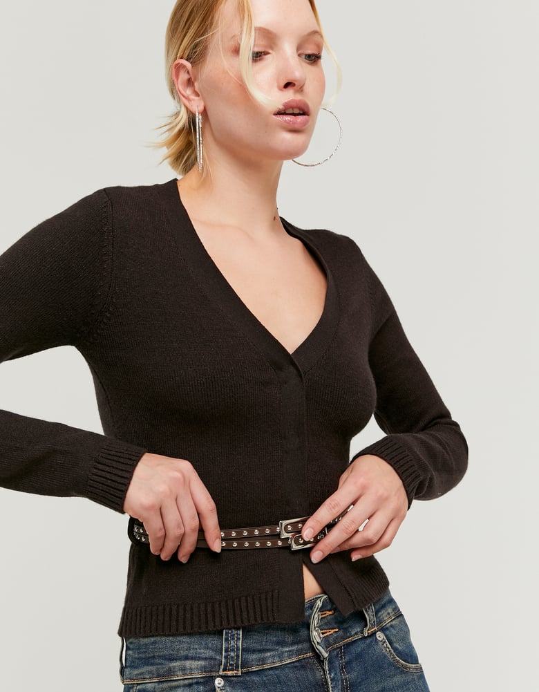 Ladies Brown Knitted Cardigan With Belt-Side View