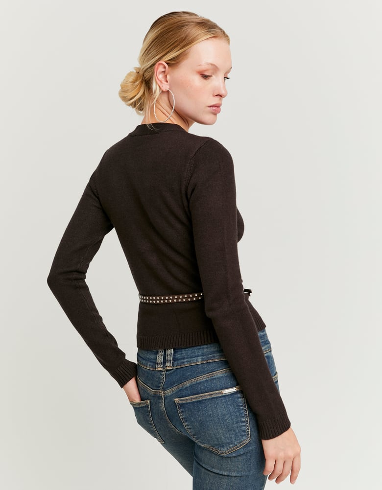 Ladies Brown Knitted Cardigan With Belt-Back View