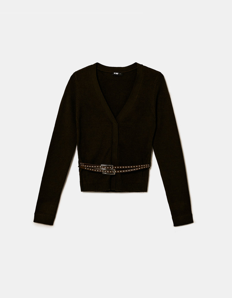 Ladies Brown Knitted Cardigan With Belt-Ghost Front View