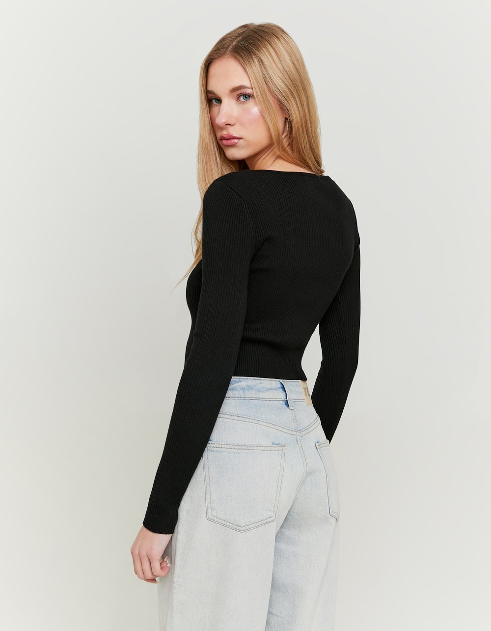 Ladies Black Knitted Cardigan With Bows-Model Back View