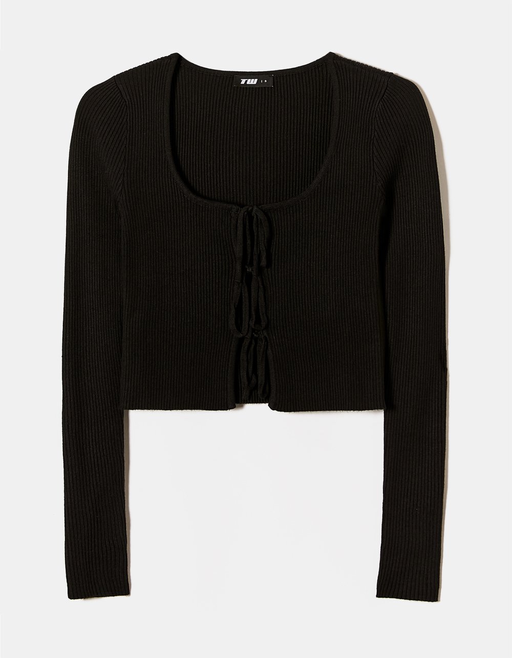 Ladies Black Knitted Cardigan With Bows-Ghost Front View