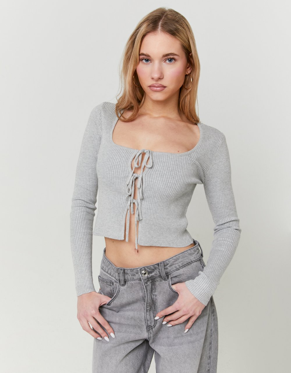 Ladies Grey Knitted Cardigan With Bows-Model Full Front View