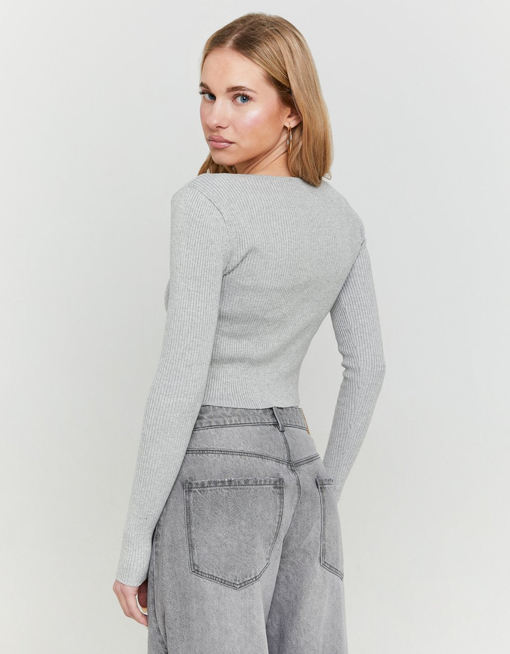 Ladies Grey Knitted Cardigan With Bows-Model Back View