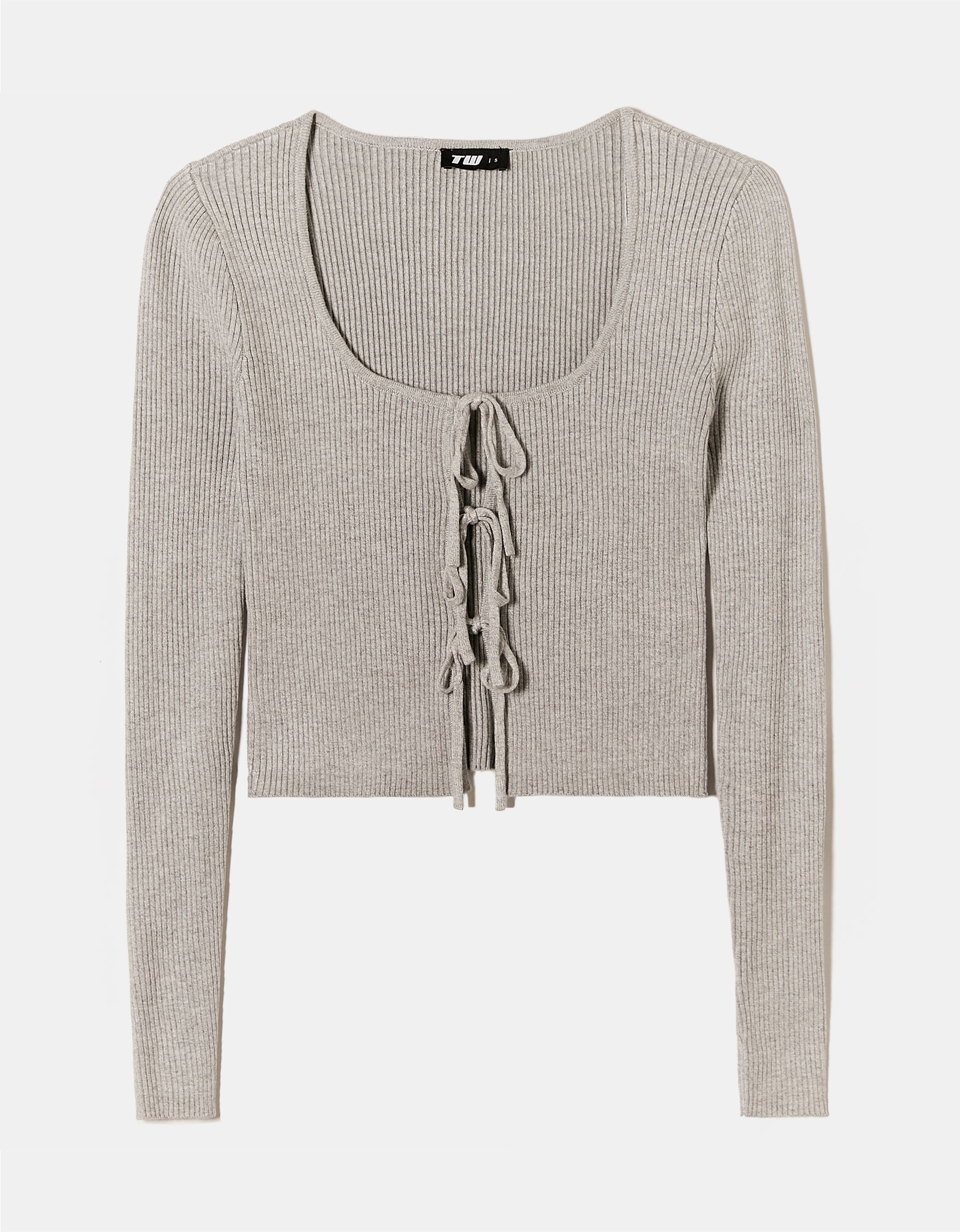 Ladies Grey Knitted Cardigan With Bows-Ghost Front View