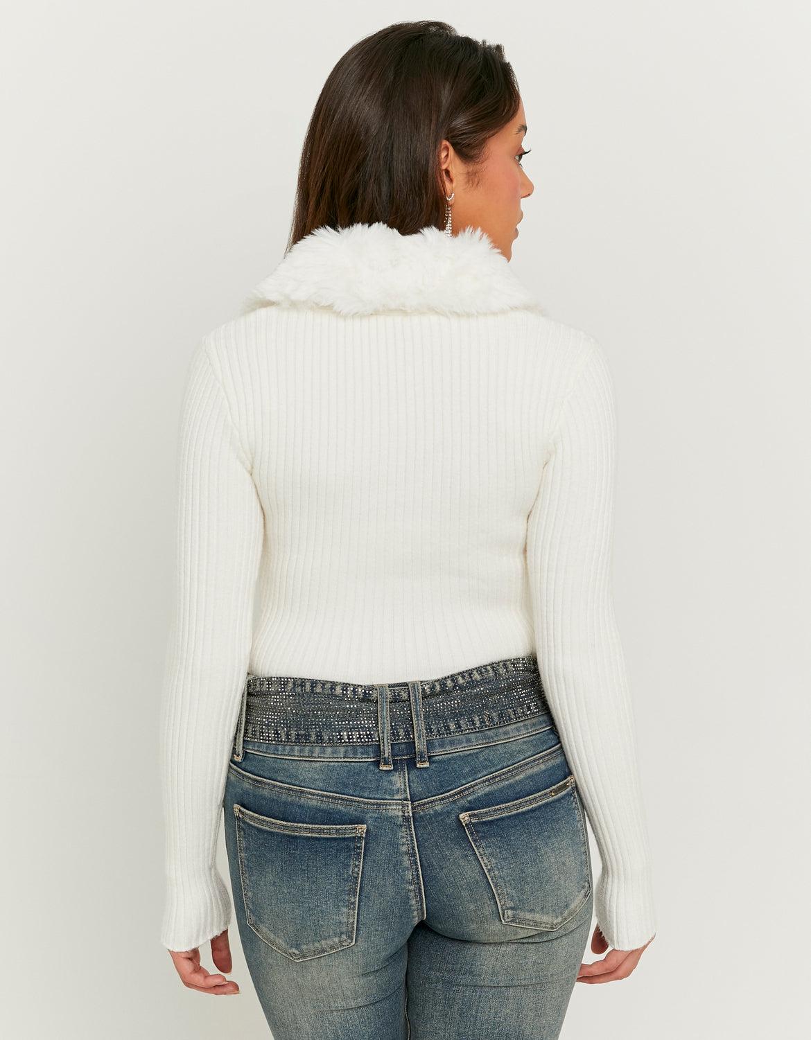 Tally Weijl Whtie Faux Fur V-Neck Cardigan WHITE back view