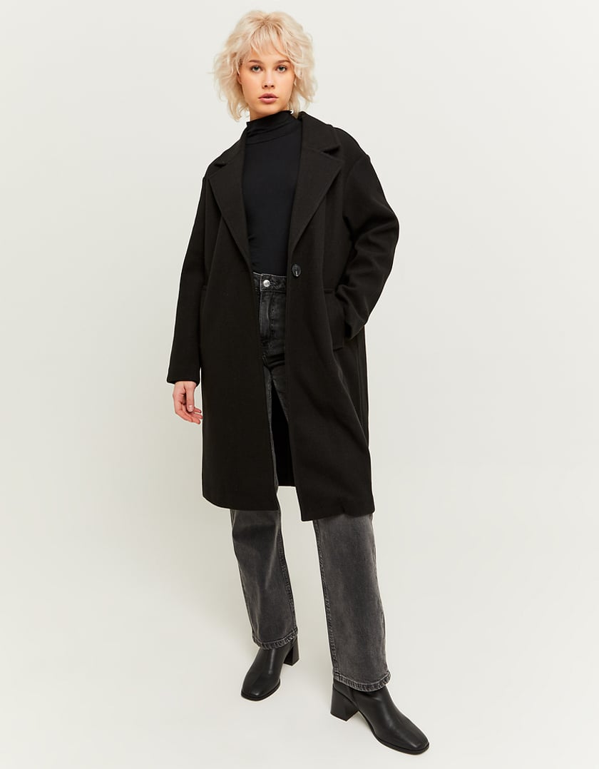 Ladies Black Faux Wool Basic Long Coat-Model Front View