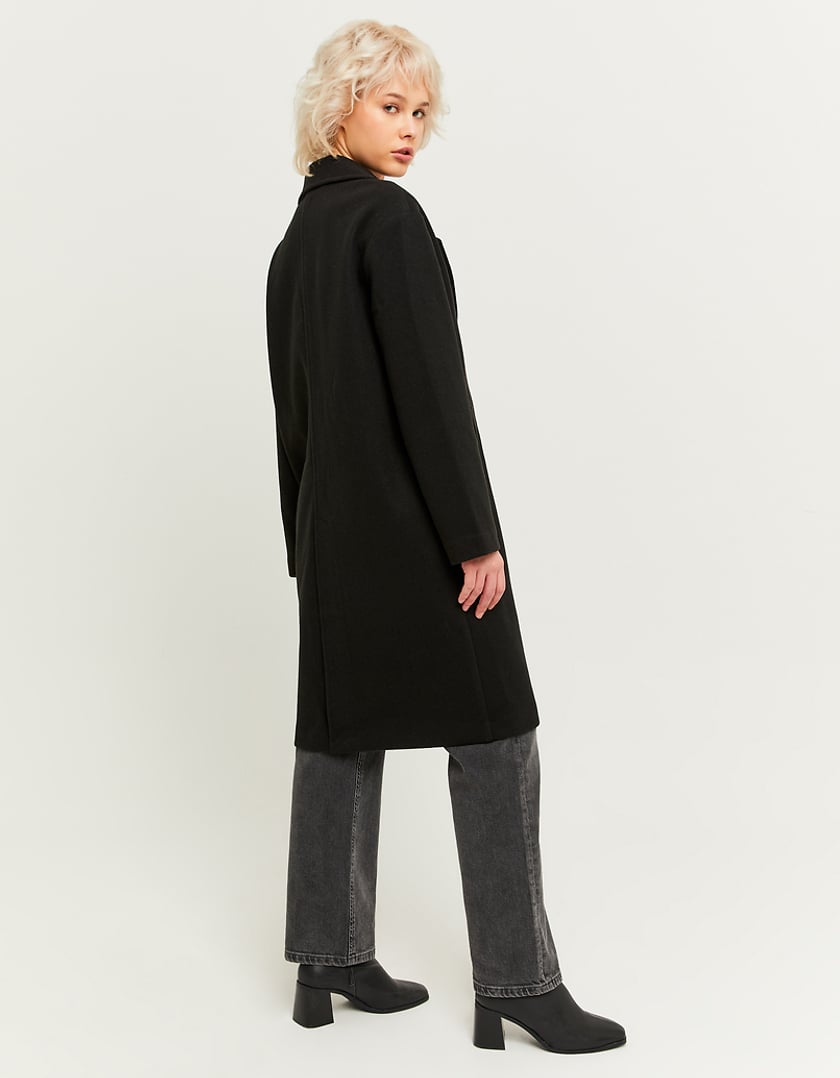 Ladies Black Faux Wool Basic Long Coat-Back View
