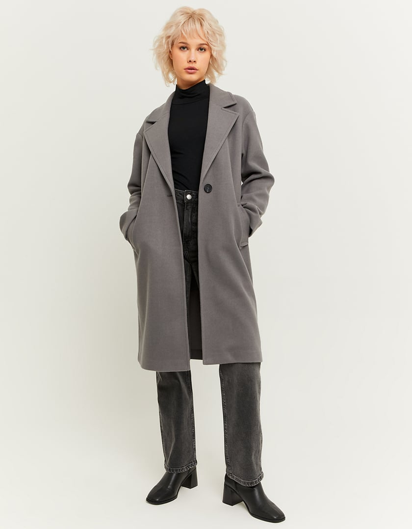 Ladies Grey Faux Wool Basic Long Coat-Model Front View