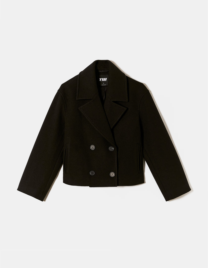 Ladies Black Faux Wool Cropped Coat-Ghost Front View