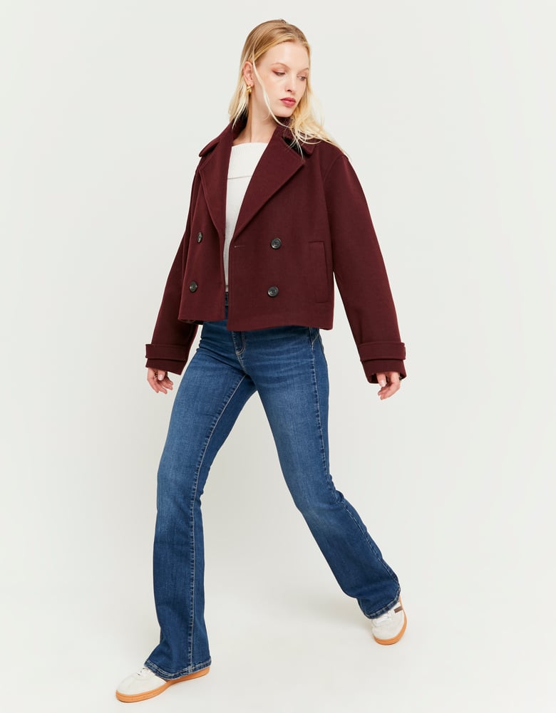Ladies Burgundy Buttoned Coat-Model Full Front View