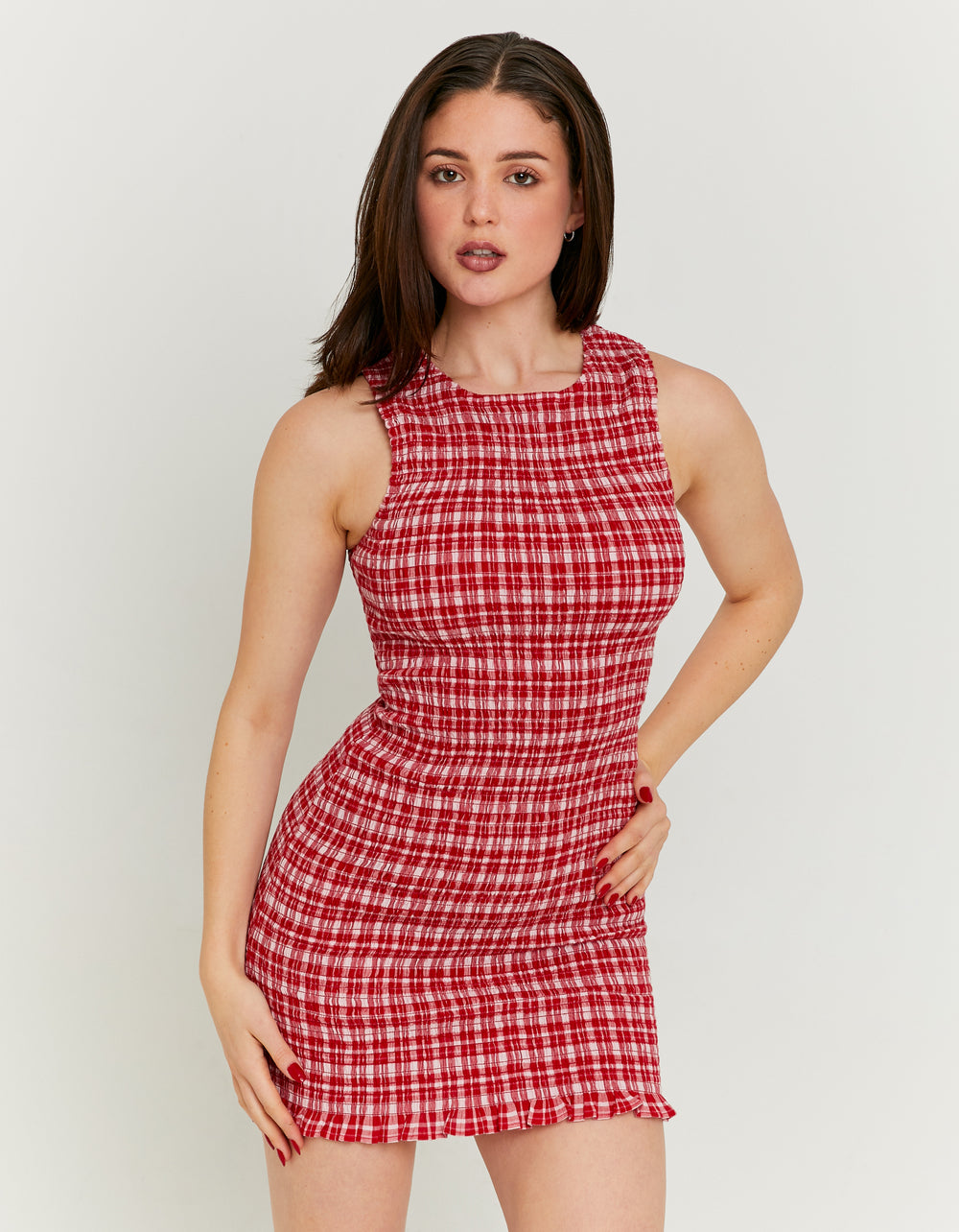 Close-up front view of red and white mini dress