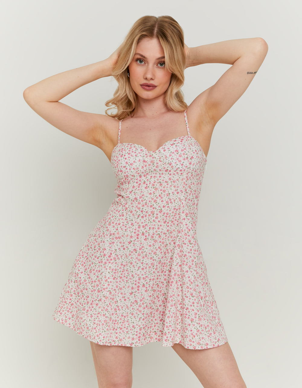 Ladies Pink Vichy Mini Dress-Model Front View