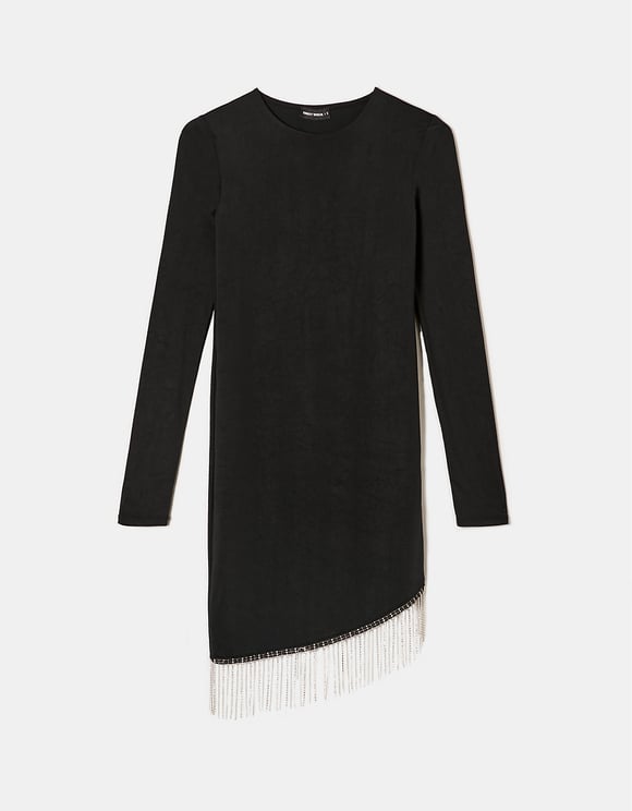 Ladies Black Mini Dress With Rhinestones-Ghost Front View