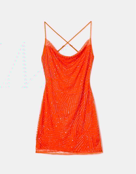 Ladies Orange Mesh Mini Dress-Ghost Front View