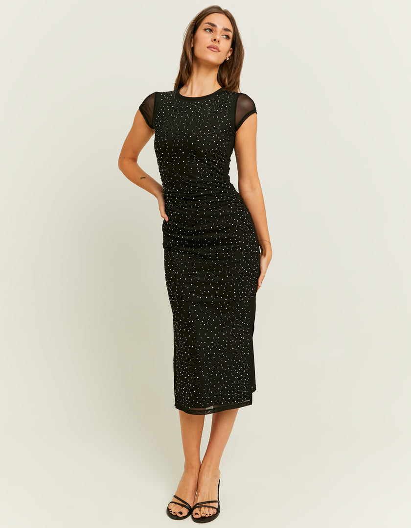 Ladies Black Midi Dress With Strass-Model Front View