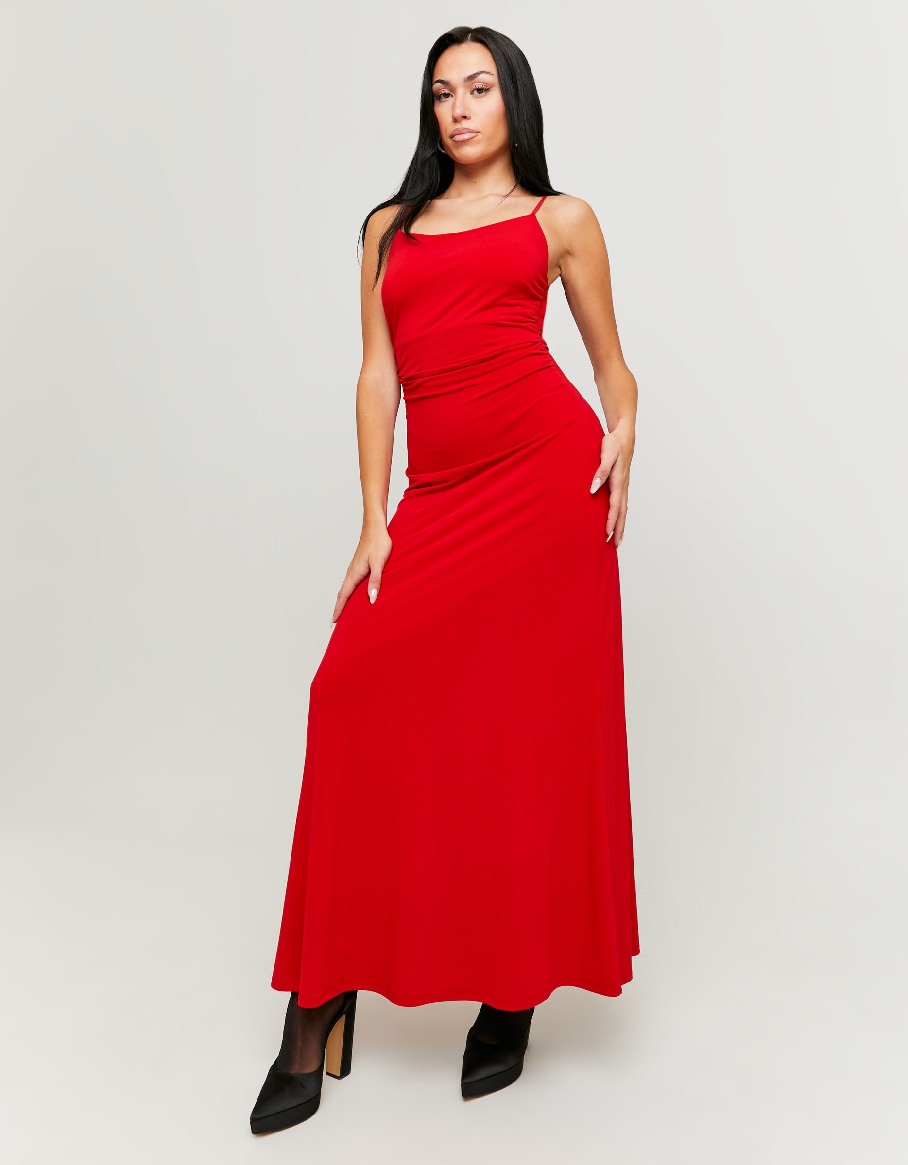 Ladies Red Backless Maxi Dress-Model Full Front View