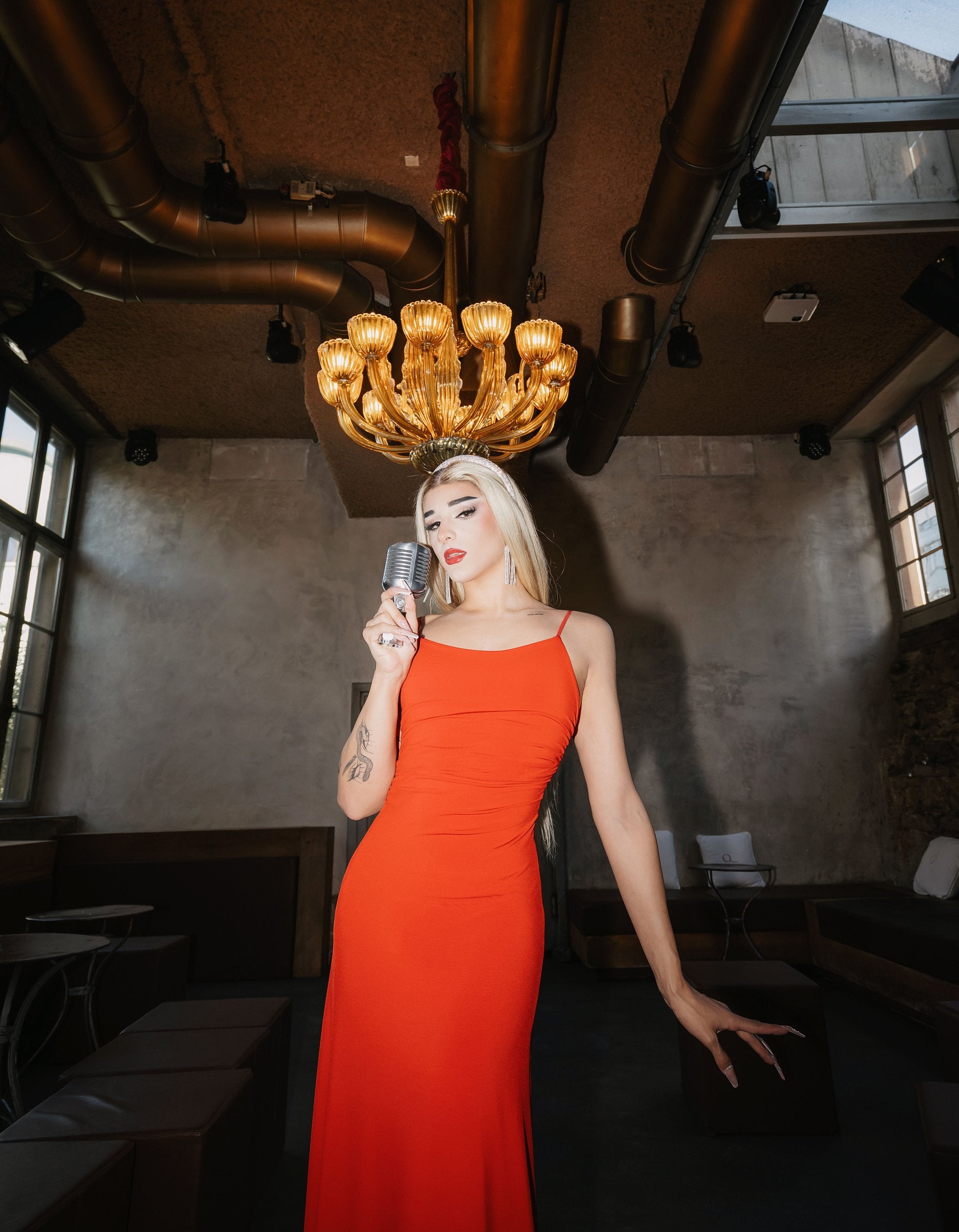 Ladies Red Backless Maxi Dress-Model Front View