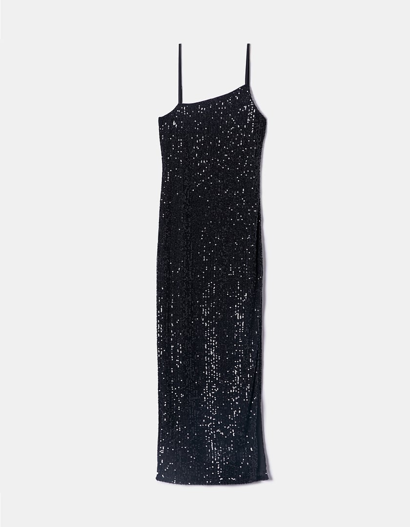 Ladies Black Sequins Midi Dress With Slit-Front View