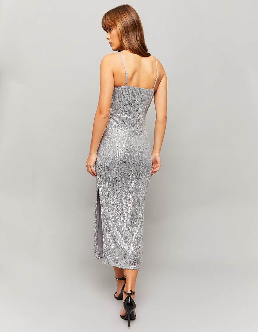 Ladies Silver Sequins Midi Dress With Slit-Model Back View