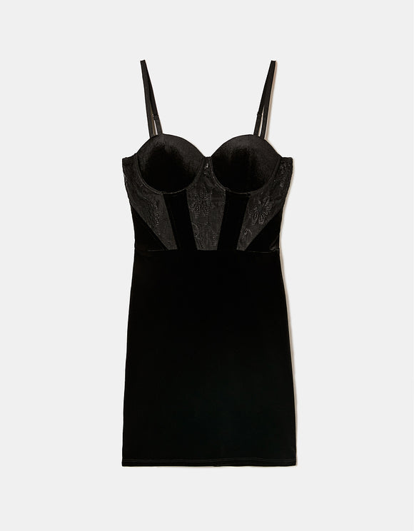 Tally Weijl Black Mini Velvet Dress With Lace Detail Black back view