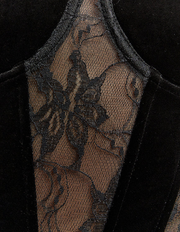 Ladies Black Mini Velvet Dress With Lace Detail-Lace View
