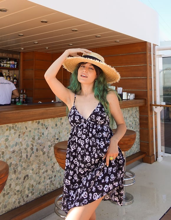 Ladies Black Strappy Floral Mini Dress-Model Front View