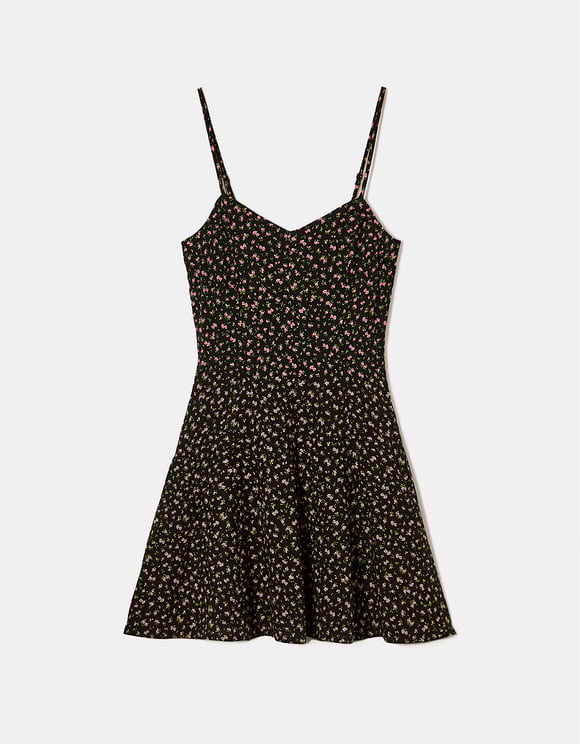 Ladies Floral Black Mini Dress-Front View