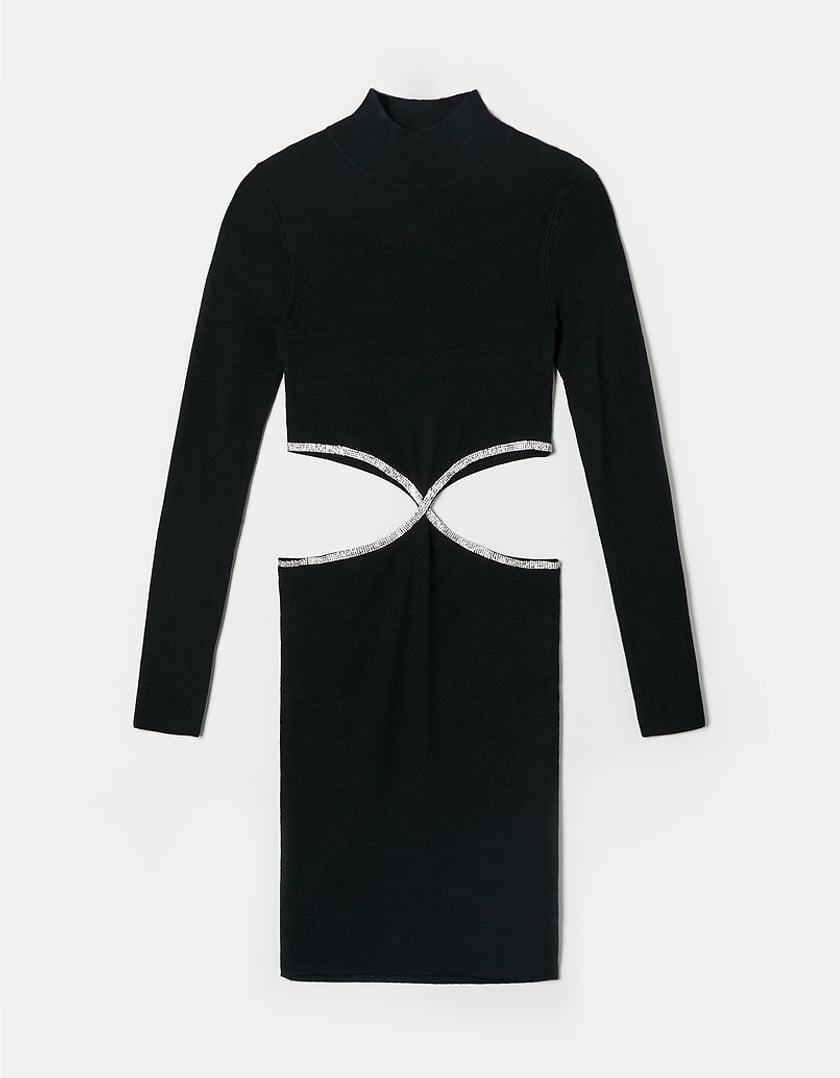 Ladies Black Knit Mini Dress With Strass Cut Out-Front View