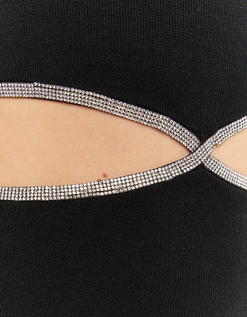 Ladies Black Knit Mini Dress With Strass Cut Out-Close Up View