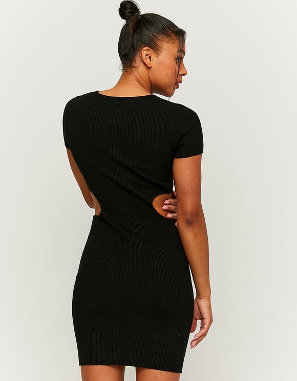 Black cut out knitted mini dress model rear close up view
