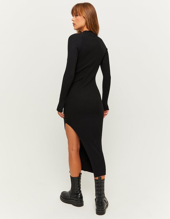 Ladies Black Ribbed Knit Midi Dress-Model Back View