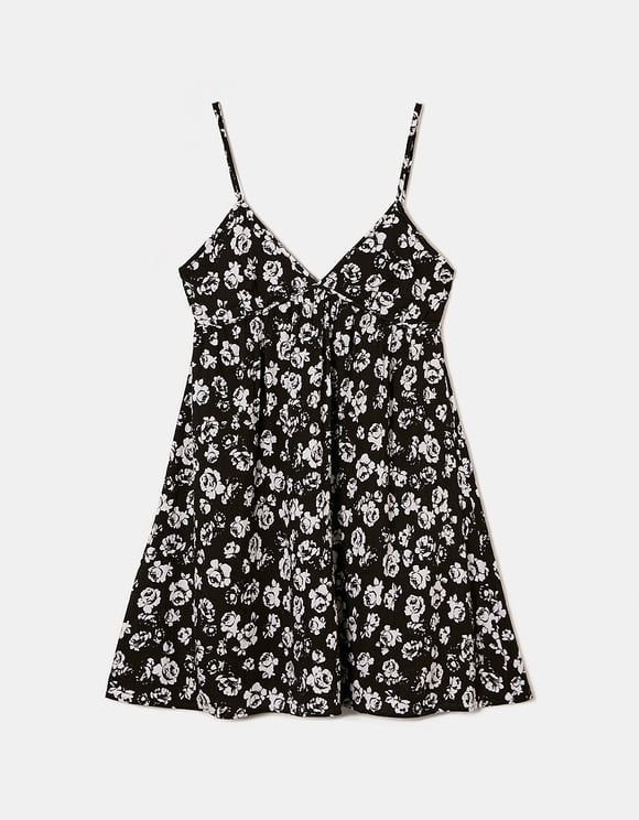 Ladies Black Strappy Floral Mini Dress-Ghost Front View