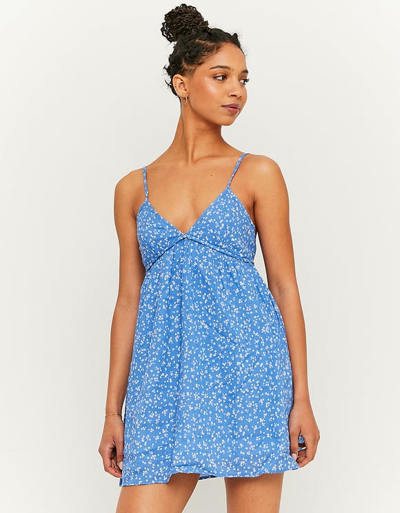 Ladies Blue Strappy Floral Mini Dress-Model Front View