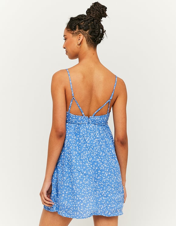 Ladies Blue Strappy Floral Mini Dress-Model Back View