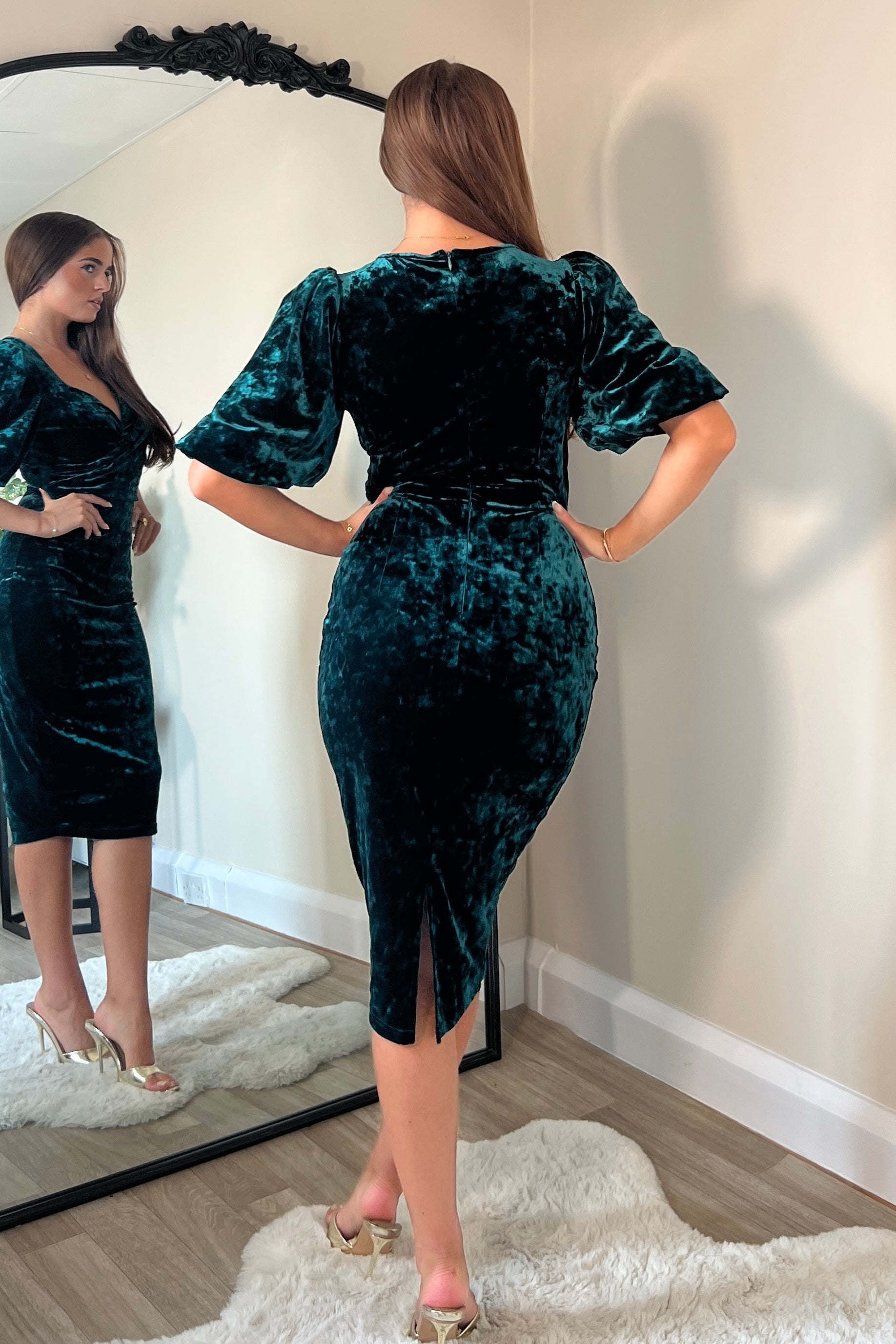 Girl In Mind Harbor Green Crushed Velvet Wrap Detail Midi Dress Green back view