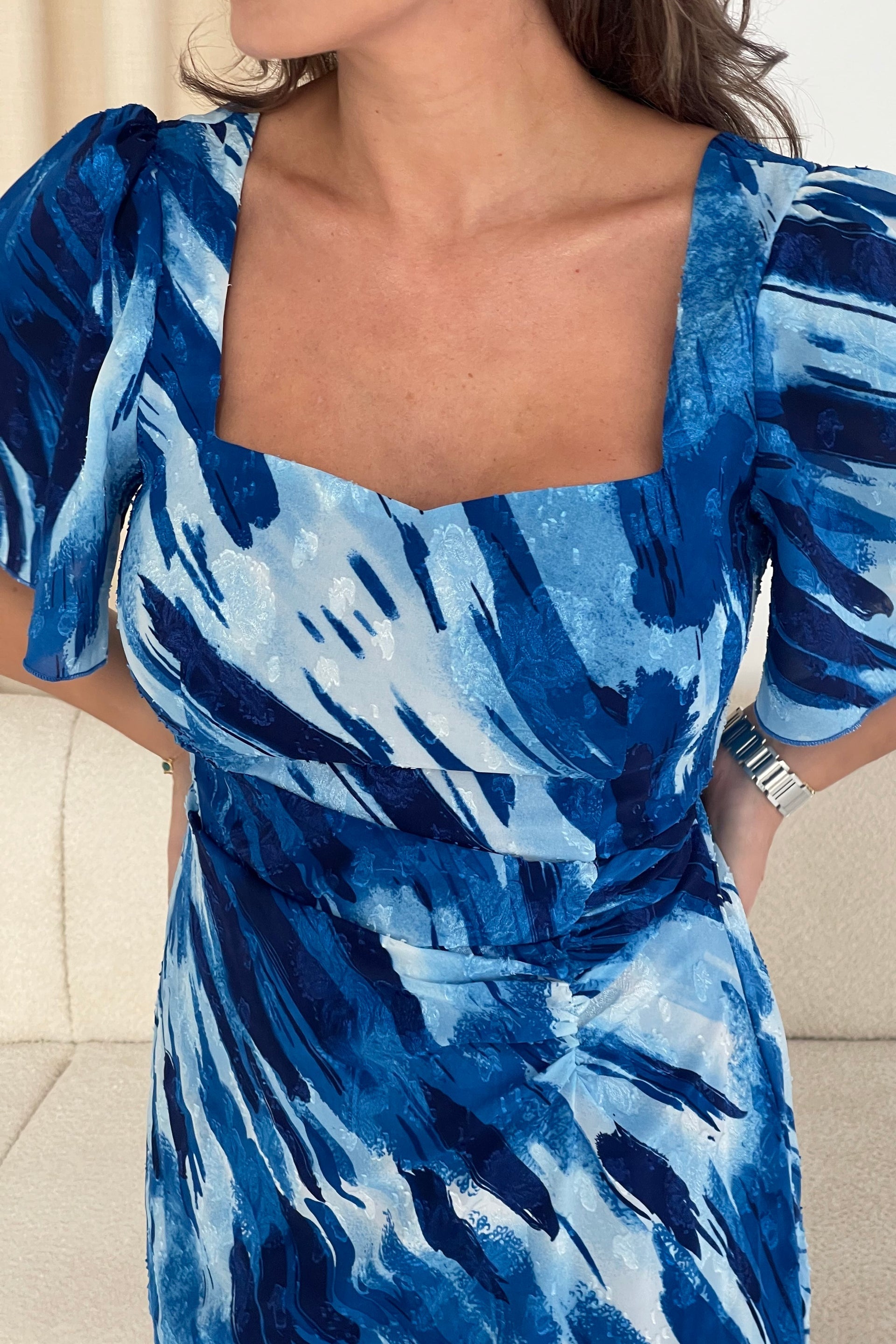 Girl In Mind Heidi Blue Abstract Burnout Ruched Midi Dress BLUE view 17