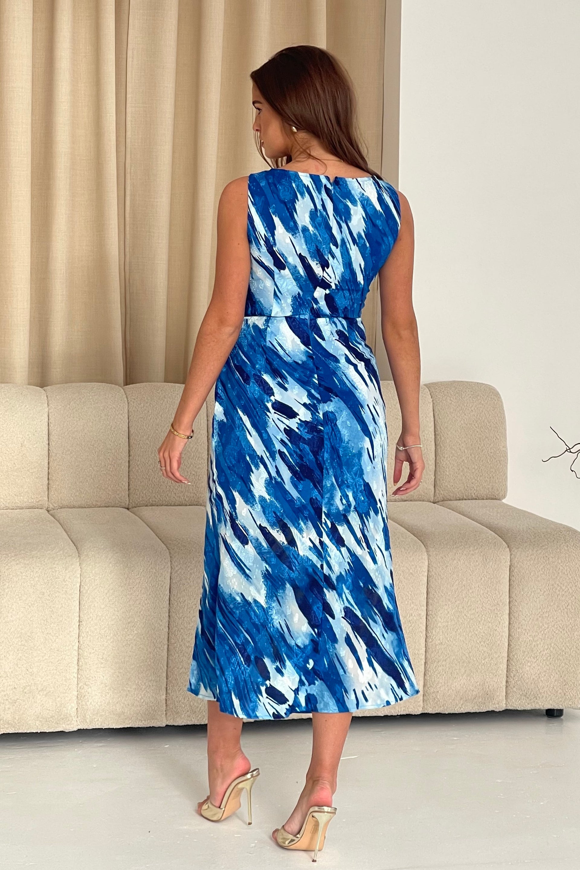Ladies Bay Boat Neck Keyhole Detail Midi Blue Dress-Back View