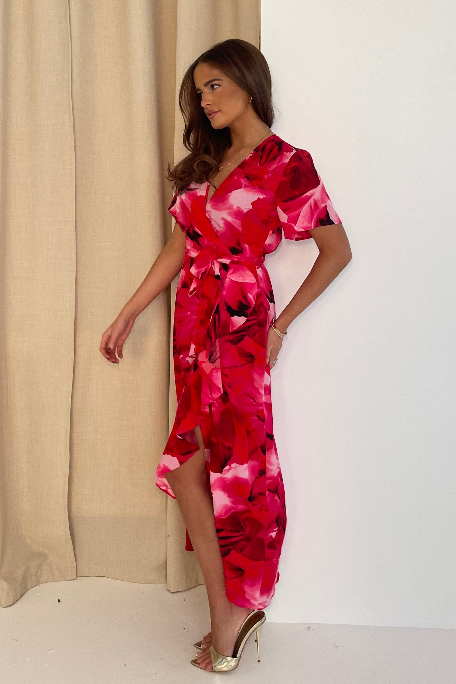 Farrah Pink Floral Frill Detail Maxi Dress