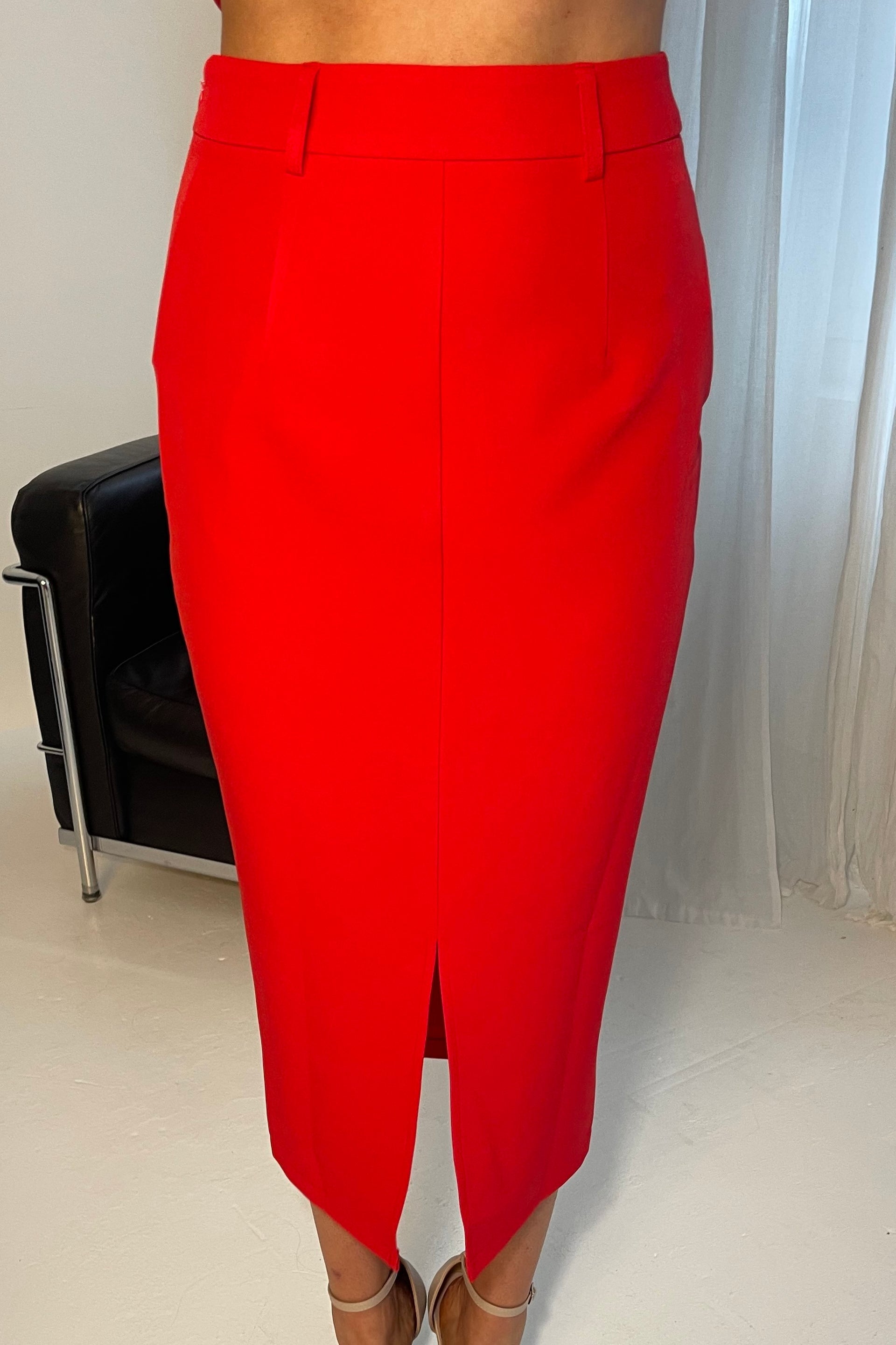 Ladies Vicky Reversible Tailored Red Skirt-Front View With Slit