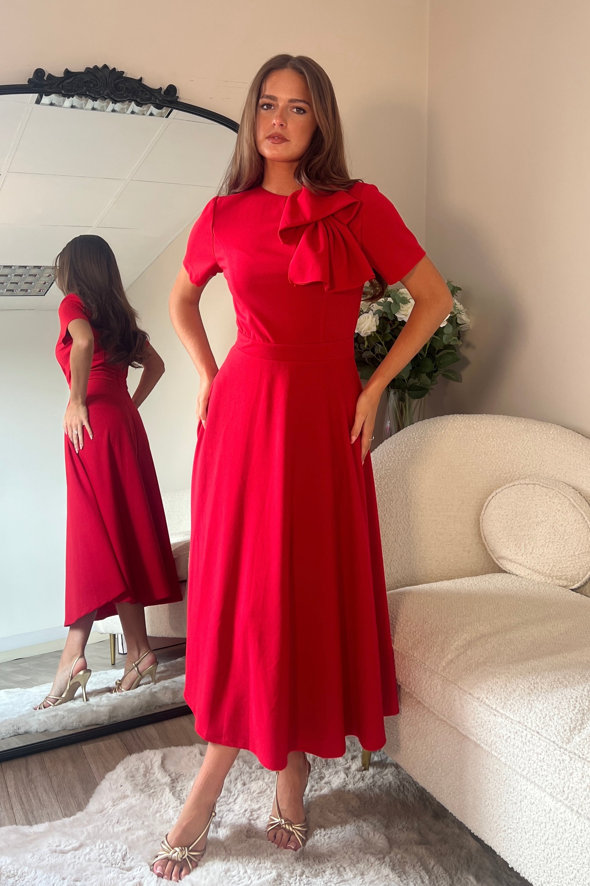 Ladies Minta Bow Detail Short Sleeve Red Midi Dress-Model Front View