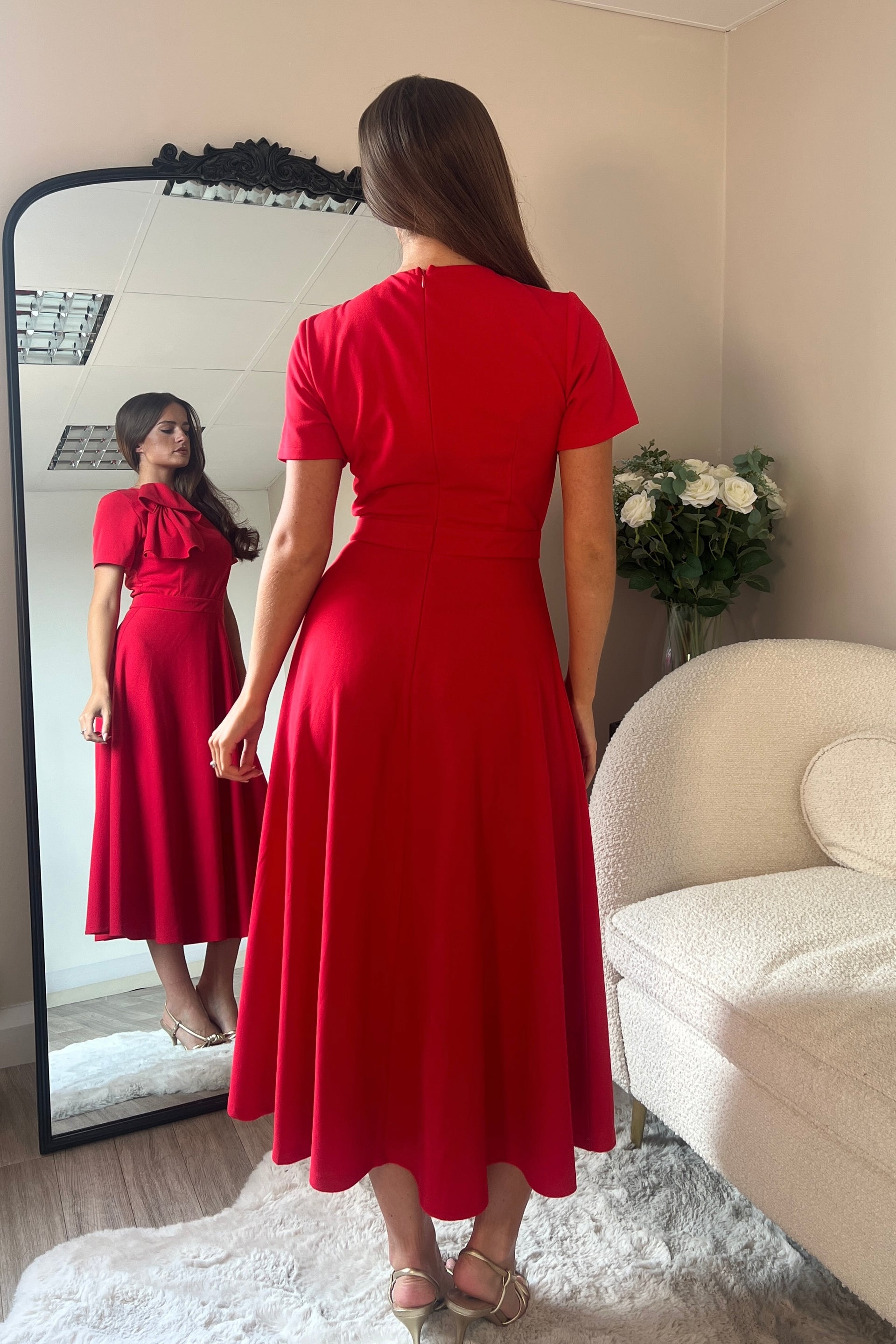 Ladies Minta Bow Detail Short Sleeve Red Midi Dress-Model Back View