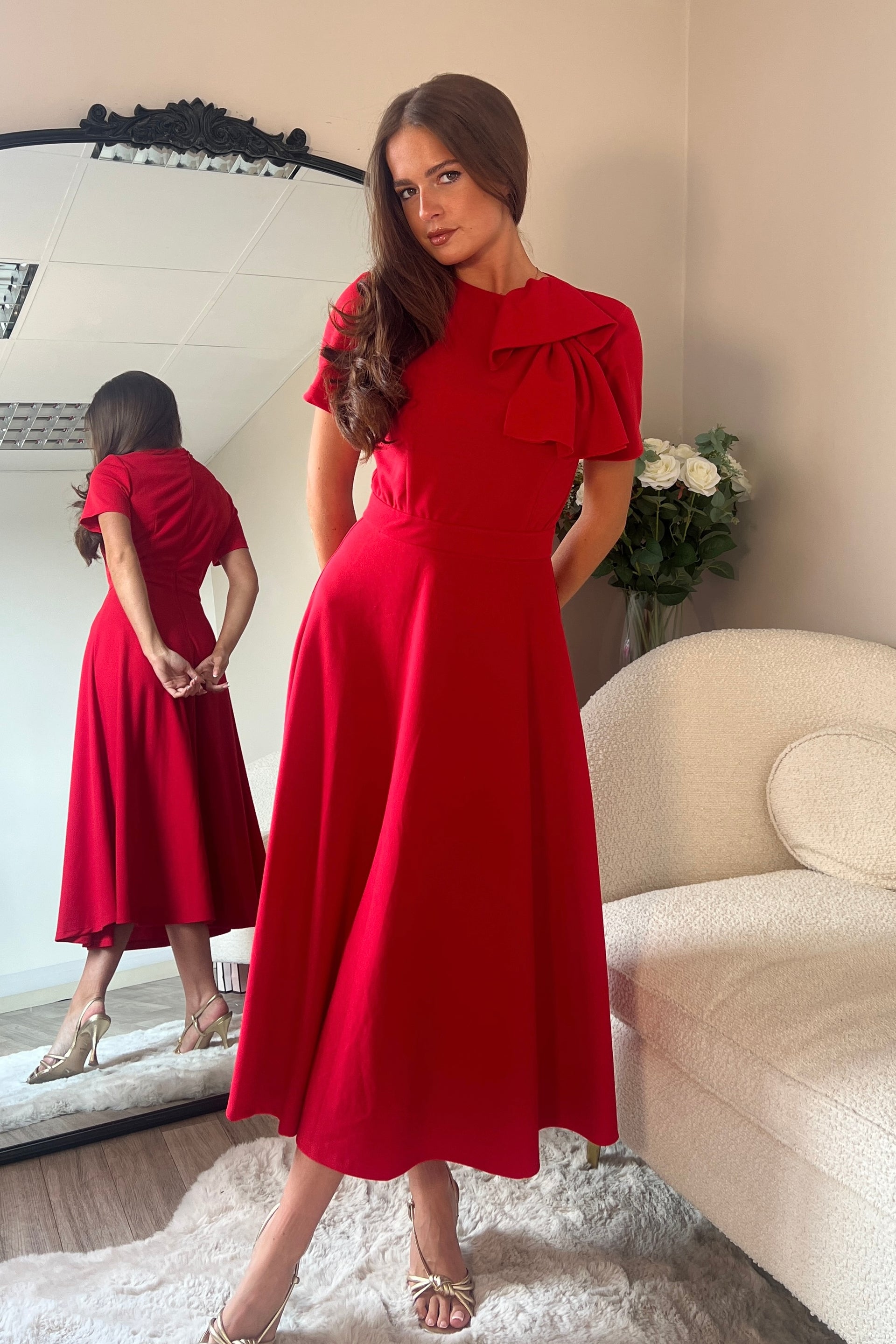 Ladies Minta Bow Detail Short Sleeve Red Midi Dress-Model Front View