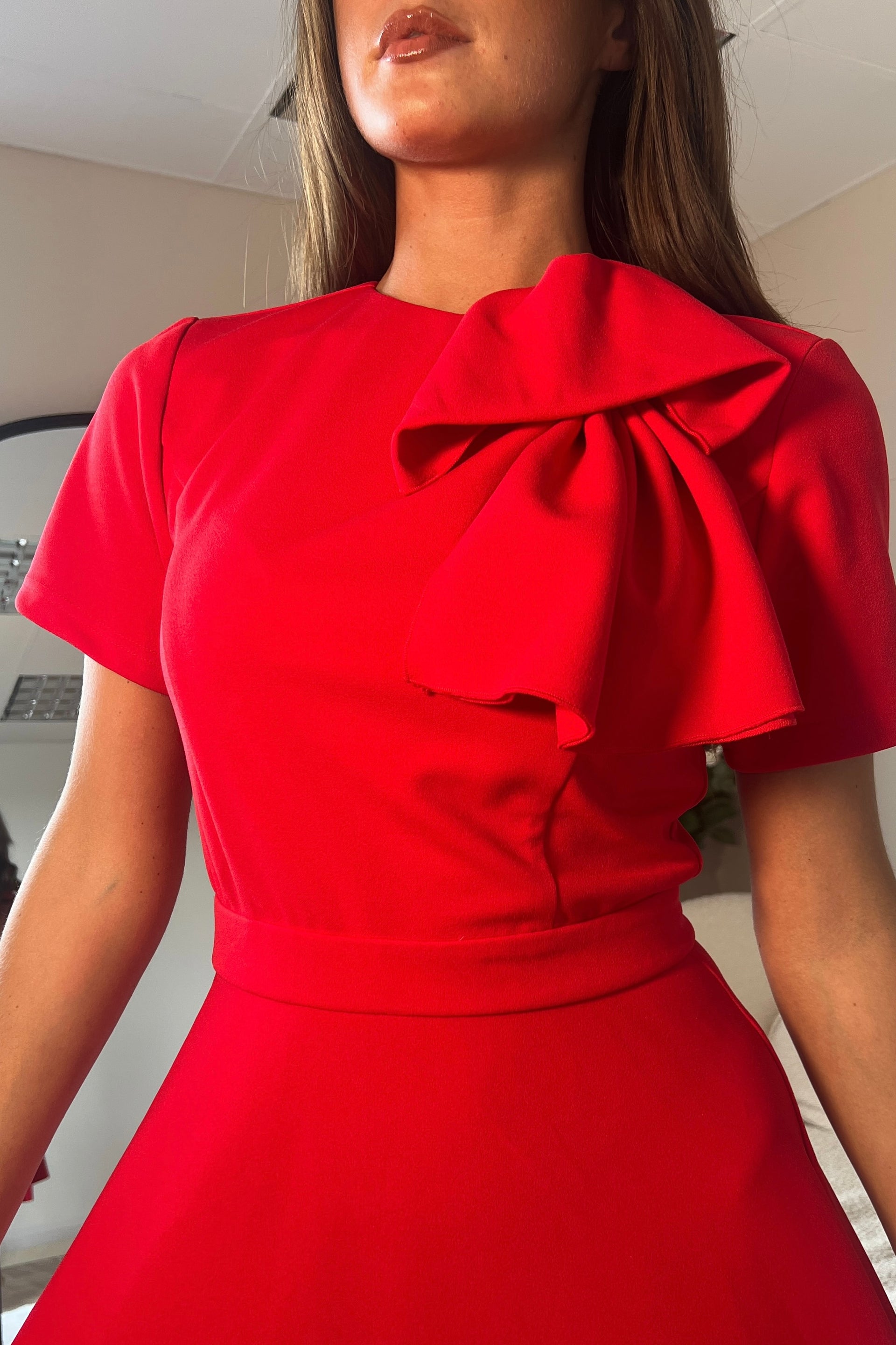 Ladies Minta Bow Detail Short Sleeve Red Midi Dress-Closer View of Front